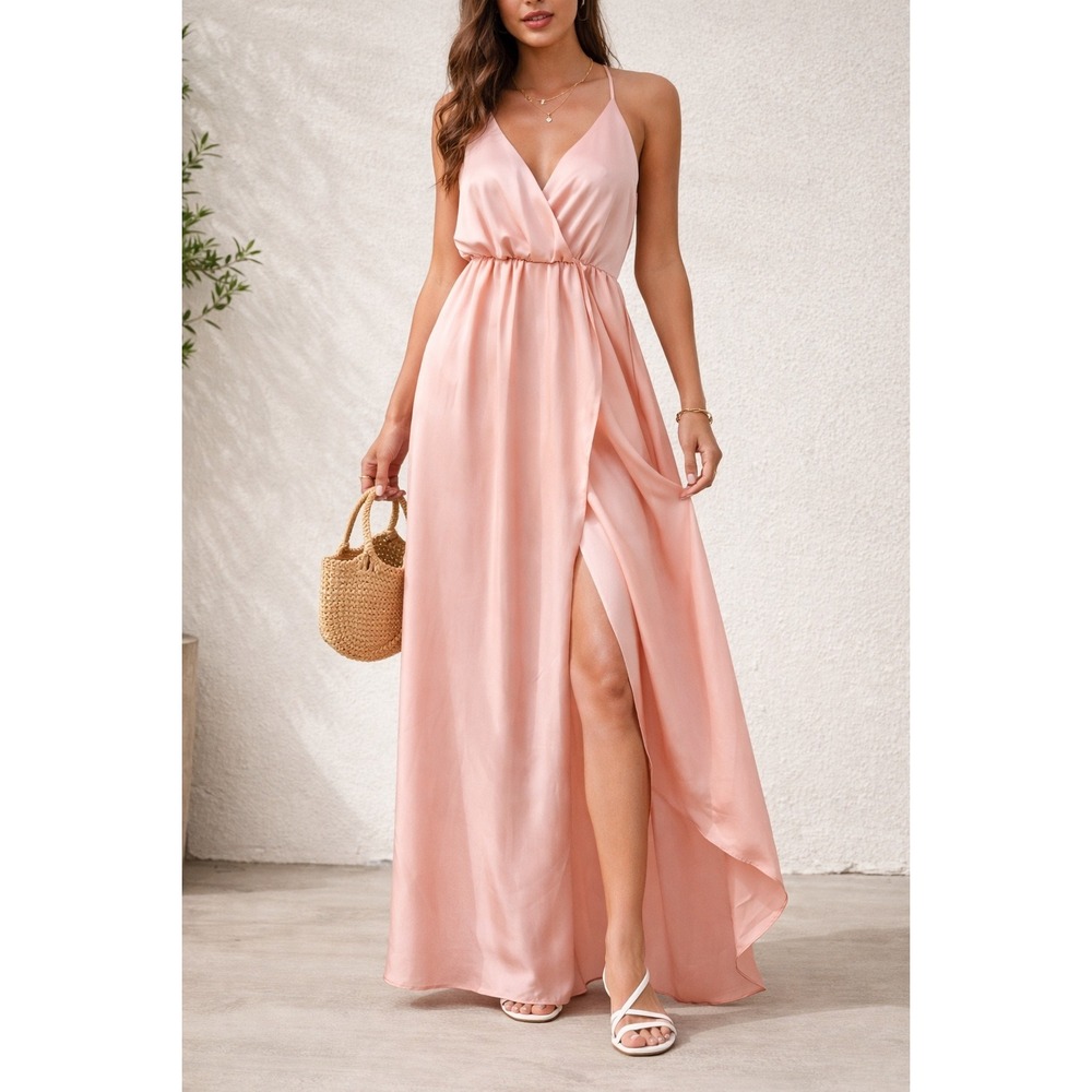 NWT Ivory and Chain Pink Formal Satin Midi Dress V-Neck Sleeveless Size 14